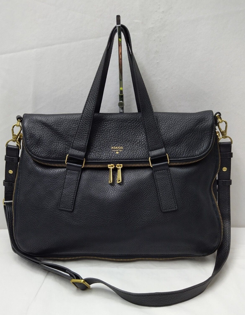 Fossil Black Pebbled Expandable Zipper Double Handles Satchel Shoulder Bag